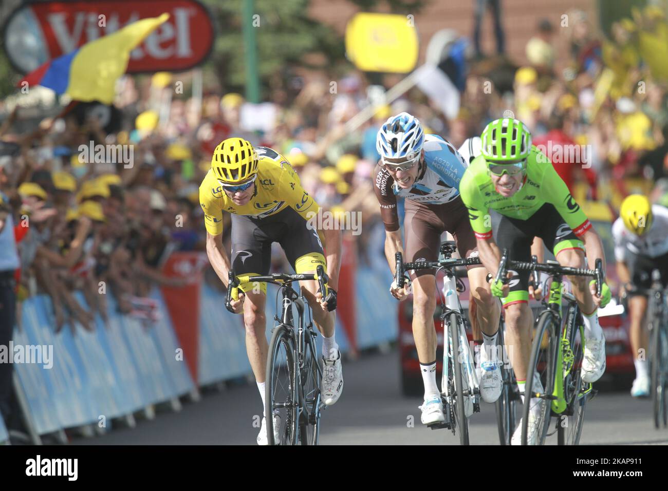 (From L) Great Britain's Christopher Froome wearing the overall leader's yellow jersey, France's Romain Bardet and Colombia's Rigoberto Uran ride towards the finish line during the 183 km seventeenth stage of the 104th edition of the Tour de France cycling race on July 19, 2017 between Le La Mure and Serre-Chevalier, French Alps. (Photo by Elyxandro Cegarra/NurPhoto) *** Please Use Credit from Credit Field *** Stock Photo