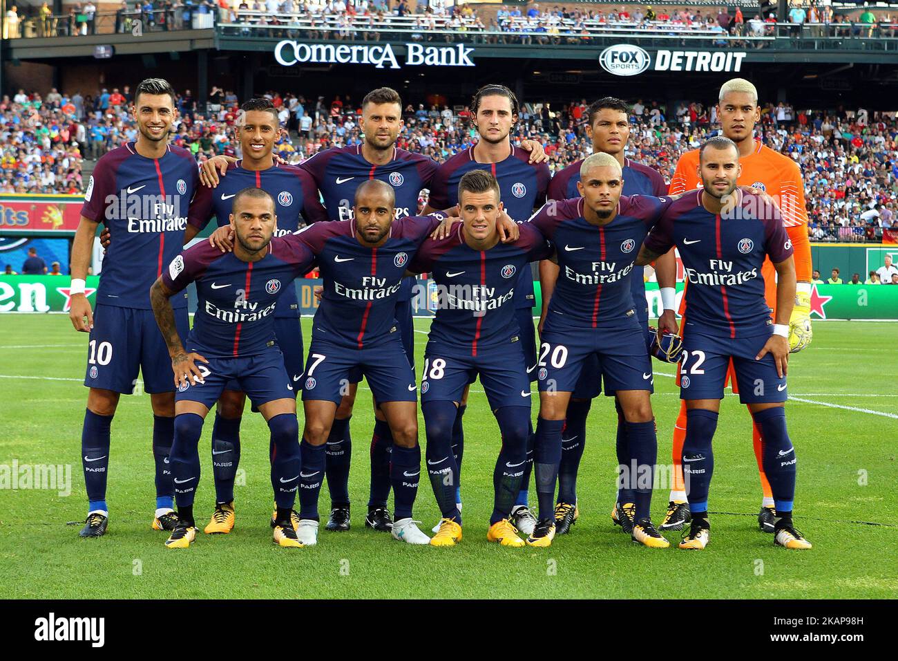 Paris Saint-Germain poses for a team photo prior to an International Champions Cup match between AS Roma and Paris Saint-Germain FC at Comerica Park in Detroit, Michigan on July 19, 2017. (Photo by Amy Lemus/NurPhoto) *** Please Use Credit from Credit Field *** Stock Photo