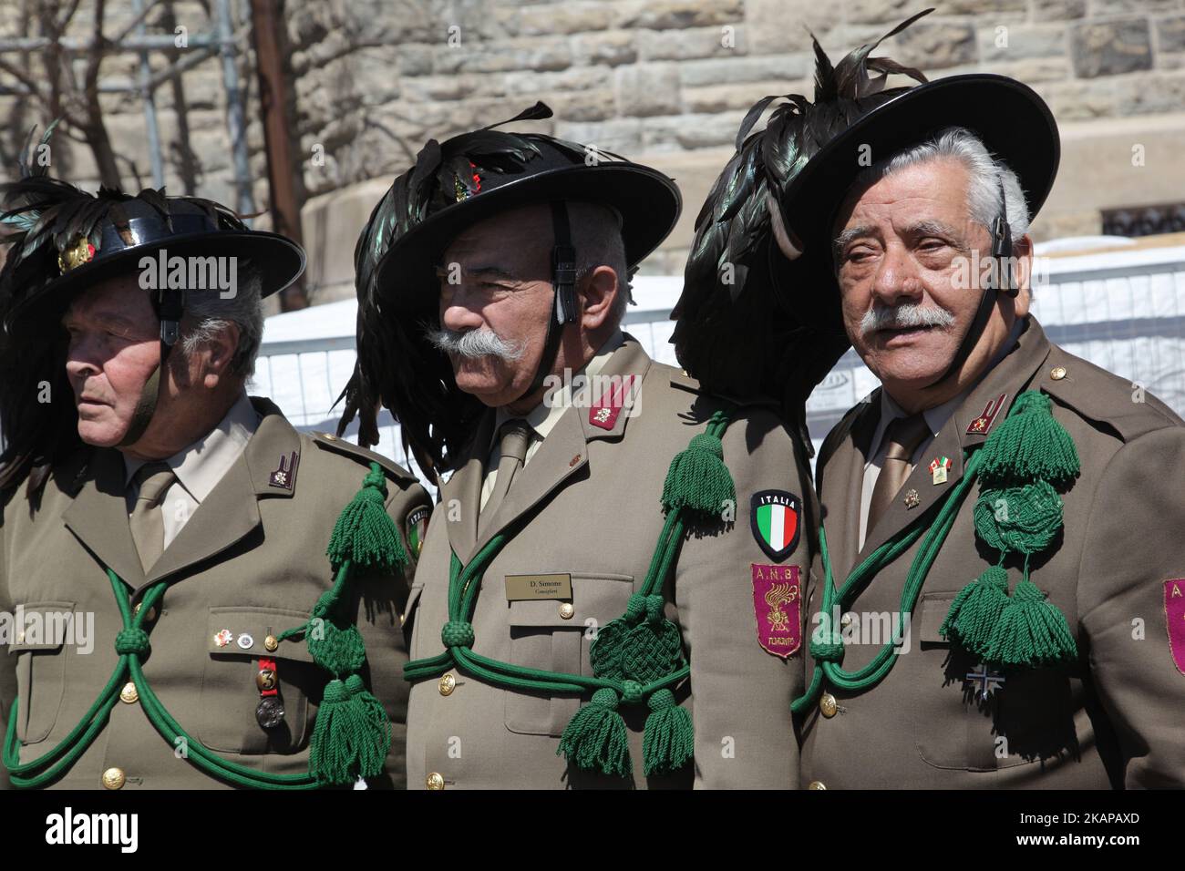 Members of the Bersaglieri (marksmen corps of the Italian Army) during the Good Friday procession in Little Italy in Toronto, Ontario, Canada, on April 14, 2017. The Bersaglieri can be recognized by the distinctive wide brimmed hat that they wear (only in dress uniform), decorated with black capercaillie feathers. The Saint Francis of Assisi Church and Little Italy community celebrated Good Friday with a traditional procession representing the events that led to the Crucifixion and Resurrection of Jesus Christ. (Photo by Creative Touch Imaging Ltd./NurPhoto) *** Please Use Credit from Credit F Stock Photo