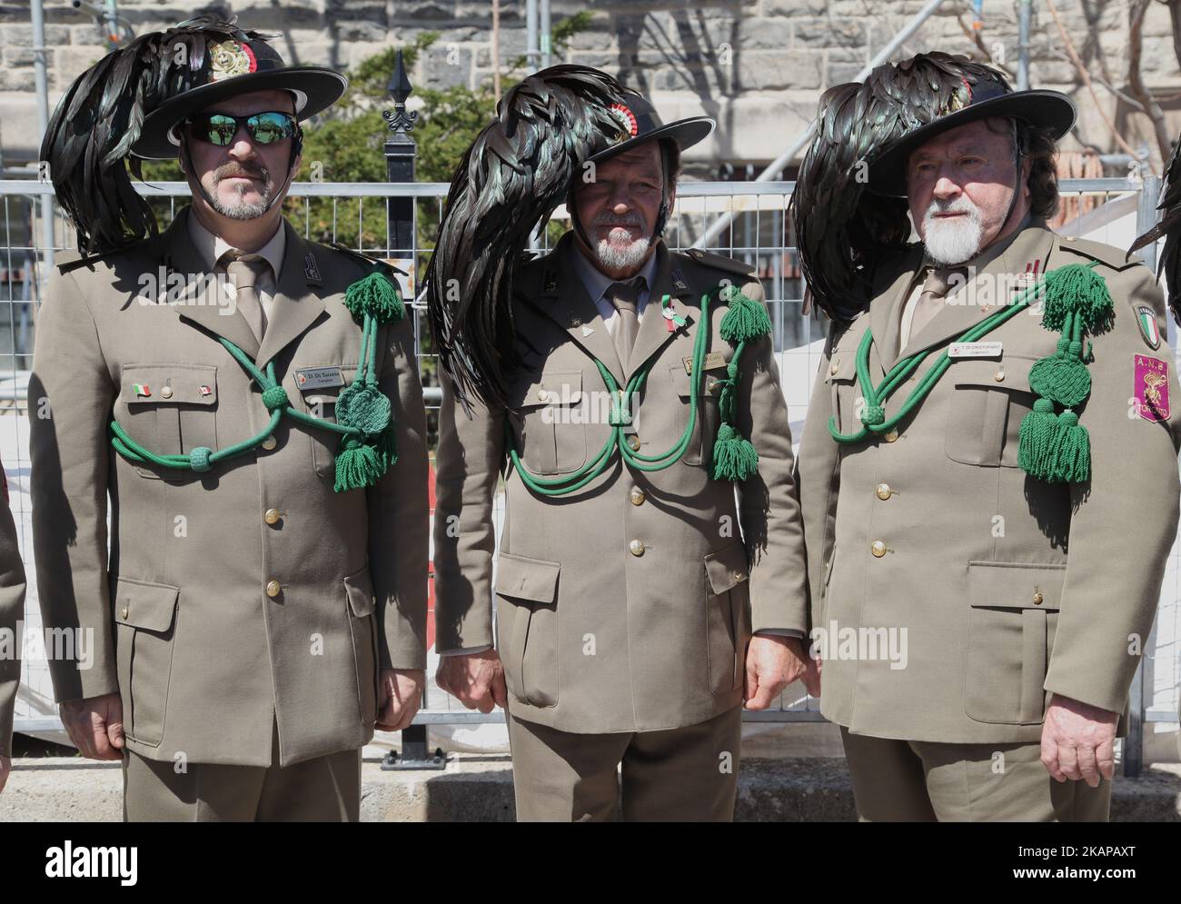 Members of the Bersaglieri (marksmen corps of the Italian Army) during the Good Friday procession in Little Italy in Toronto, Ontario, Canada, on April 14, 2017. The Bersaglieri can be recognized by the distinctive wide brimmed hat that they wear (only in dress uniform), decorated with black capercaillie feathers. The Saint Francis of Assisi Church and Little Italy community celebrated Good Friday with a traditional procession representing the events that led to the Crucifixion and Resurrection of Jesus Christ. (Photo by Creative Touch Imaging Ltd./NurPhoto) *** Please Use Credit from Credit F Stock Photo