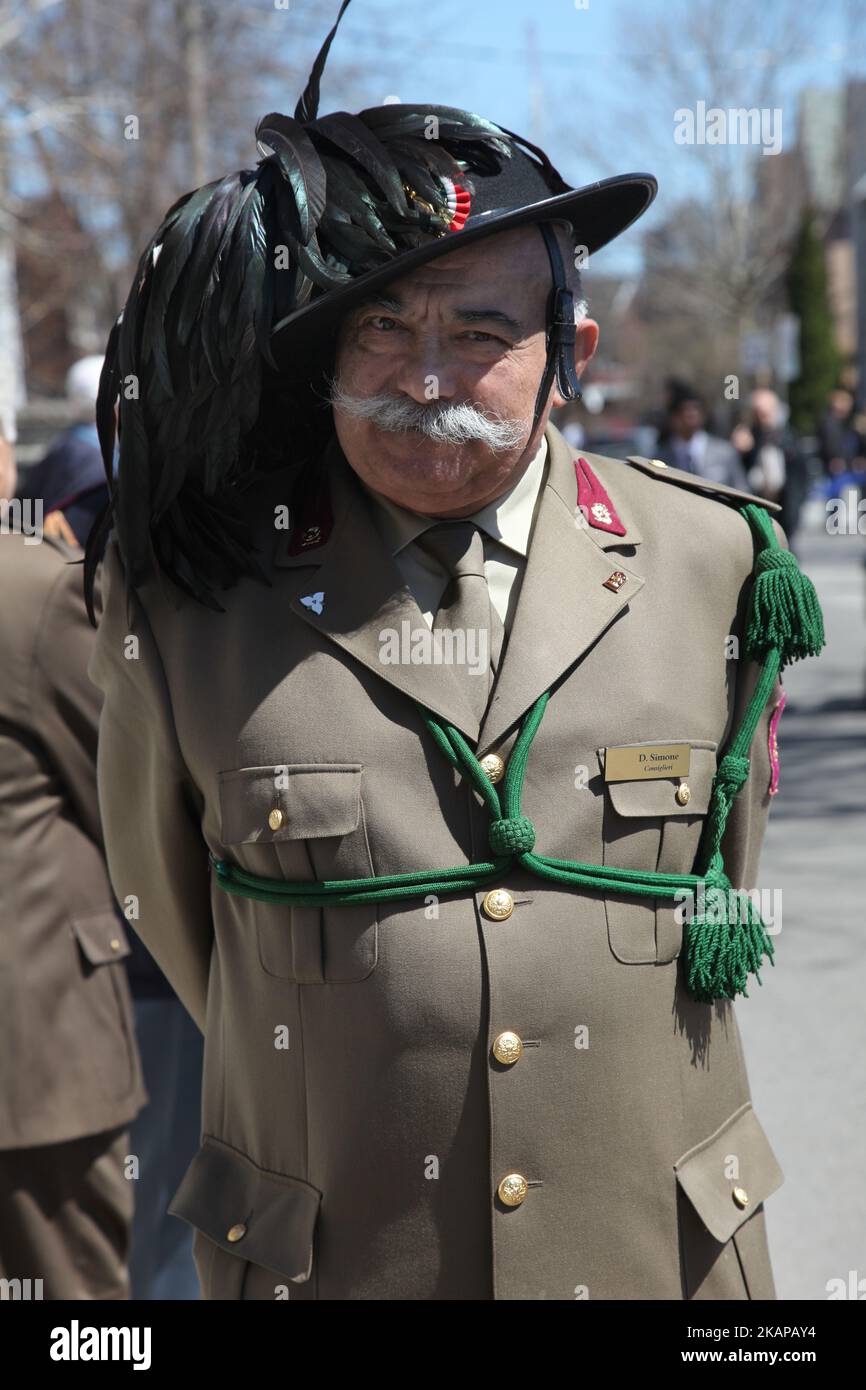 Members of the Bersaglieri (marksmen corps of the Italian Army) during the Good Friday procession in Little Italy in Toronto, Ontario, Canada, on April 14, 2017. The Bersaglieri can be recognized by the distinctive wide brimmed hat that they wear (only in dress uniform), decorated with black capercaillie feathers. The Saint Francis of Assisi Church and Little Italy community celebrated Good Friday with a traditional procession representing the events that led to the Crucifixion and Resurrection of Jesus Christ. (Photo by Creative Touch Imaging Ltd./NurPhoto) *** Please Use Credit from Credit F Stock Photo