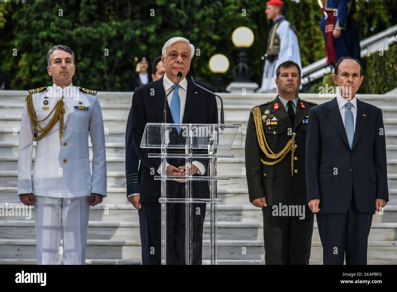 President Prokopios Pavlopoulos on the occasion of the 43rd anniversary of restoration of Democracy at the Presidential Palace in Athens, Greece on Monday, July 24, 2017. (Photo by Wassilios Aswestopoulos/NurPhoto) *** Please Use Credit from Credit Field *** Stock Photo
