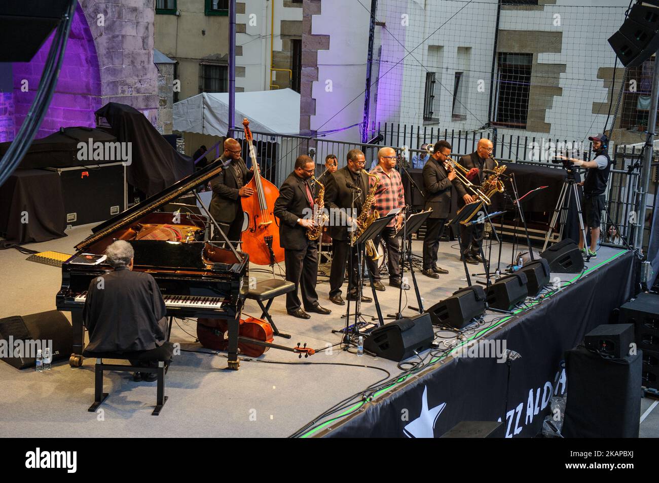 Performance of the South African pianist Abdullah Ibrahim together with Terence Blanchard (trumpet), Noah Jackson (bass, cello), Will Terrill (drums), Cleave Guyton Jr. (alto sax, flute, clarinet, piccolo), Lance Bryant (tenor sax), Andrae Murchison (Trombone, Trumpet), Marshall McDonald (baritone sax) on the stage of the Trinidad Square during 52nd edition of Heineken Jazzaldia on July 25, 2017 in San Sebastian, Spain (Photo by Jose Ignacio Unanue/NurPhoto) *** Please Use Credit from Credit Field *** Stock Photo