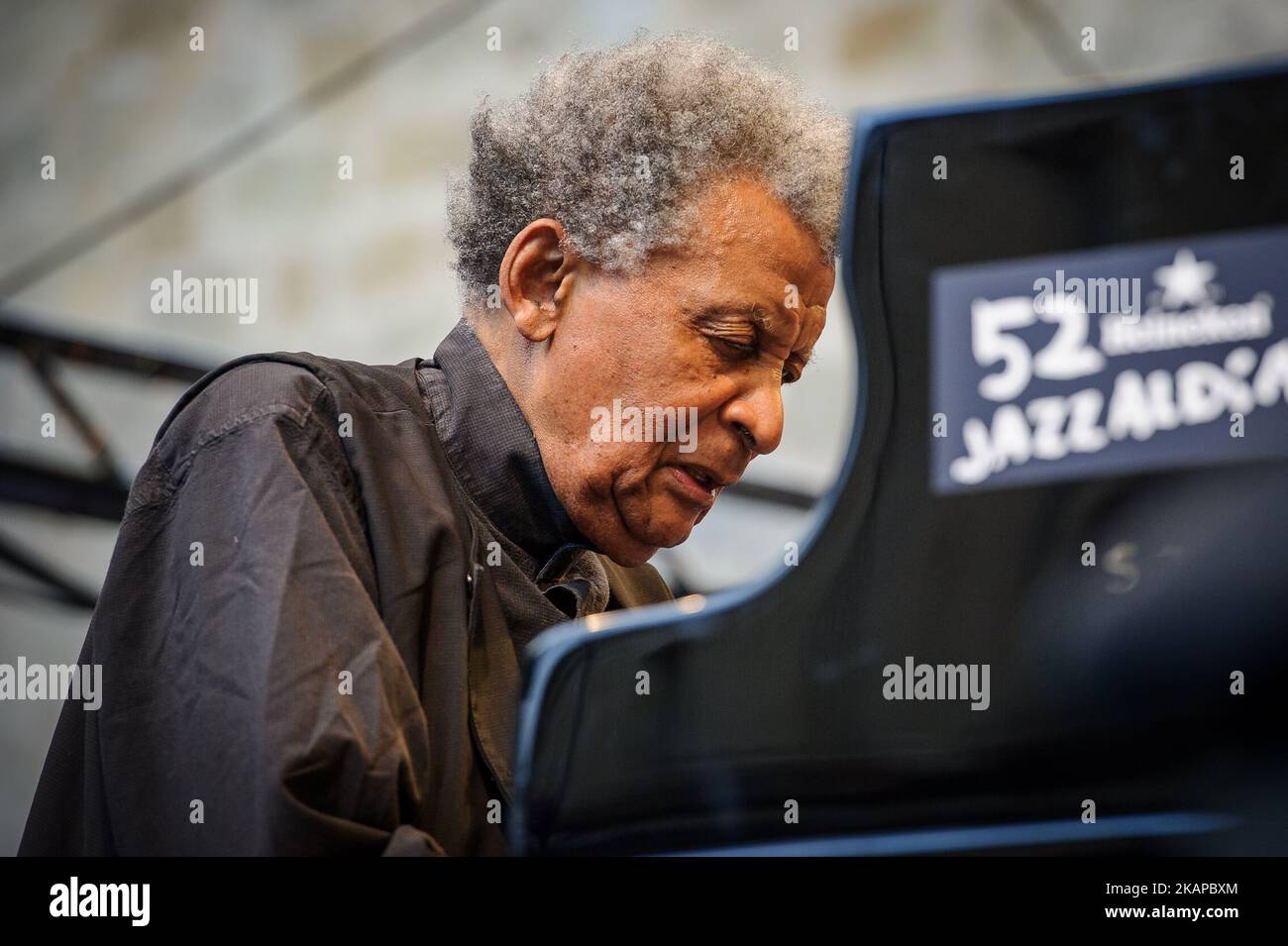 Performance of the South African pianist Abdullah Ibrahim together with Terence Blanchard (trumpet), Noah Jackson (bass, cello), Will Terrill (drums), Cleave Guyton Jr. (alto sax, flute, clarinet, piccolo), Lance Bryant (tenor sax), Andrae Murchison (Trombone, Trumpet), Marshall McDonald (baritone sax) on the stage of the Trinidad Square during 52nd edition of Heineken Jazzaldia on July 25, 2017 in San Sebastian, Spain (Photo by Jose Ignacio Unanue/NurPhoto) *** Please Use Credit from Credit Field *** Stock Photo