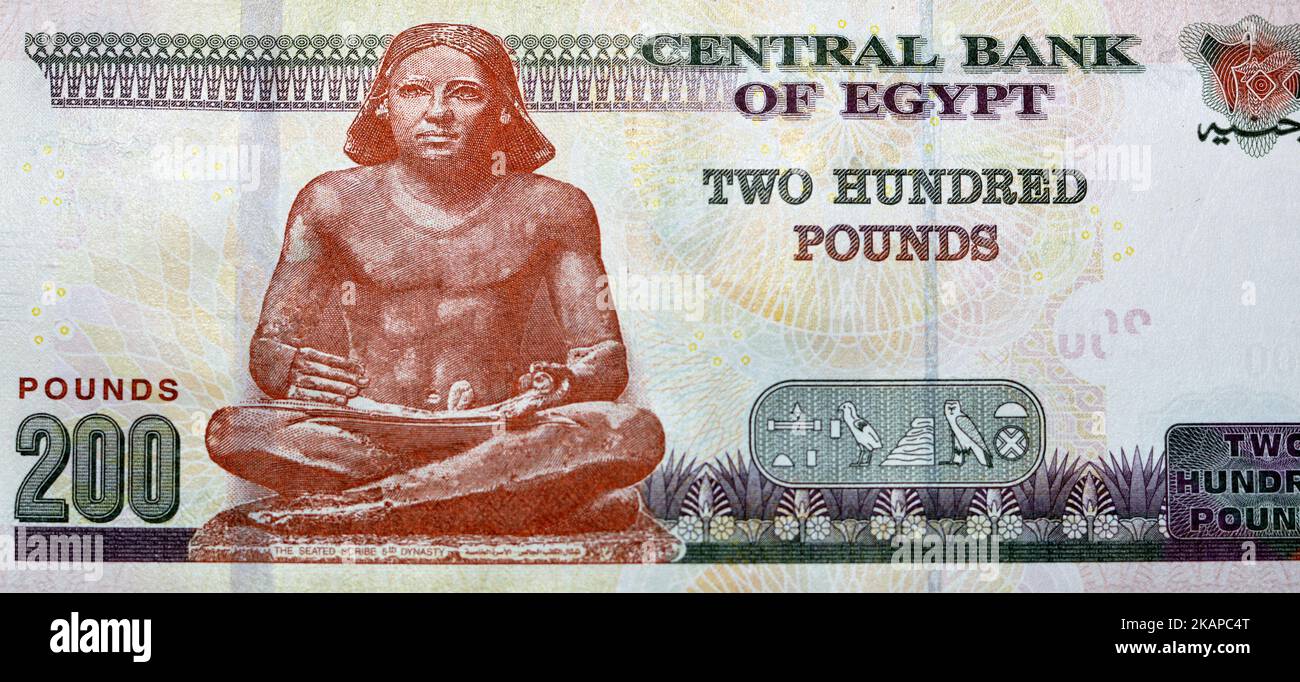 Large fragment of the reverse side of 200 LE EGP two hundred Egyptian pounds cash money banknote paper series 2022 features the seated scribe of ancie Stock Photo