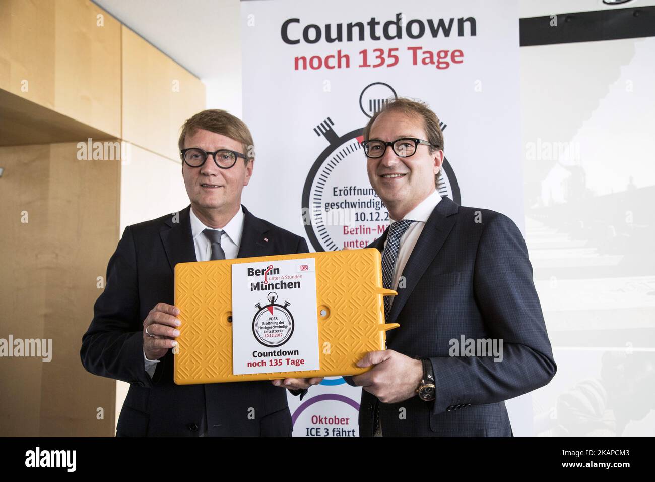 German Transport Minister Alexander Dobrindt (R) and Deutsche Bahn (DB, German Railways) Infrastructure Manager Ronald Pofalla (L) are pictured during a news conference regarding the future opening of the high speed connection Berlin - Munich at the DB headquarters in Berlin, Germany on July 28, 2017. (Photo by Emmanuele Contini/NurPhoto) *** Please Use Credit from Credit Field *** Stock Photo