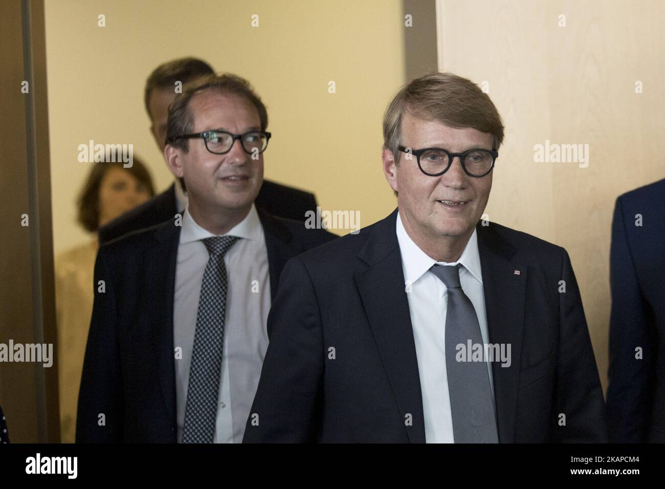 German Transport Minister Alexander Dobrindt (L) and Deutsche Bahn (DB, German Railways) Infrastructure Manager Ronald Pofalla (R) arrive to a news conference regarding the future opening of the high speed connection Berlin - Munich at the DB headquarters in Berlin, Germany on July 28, 2017. (Photo by Emmanuele Contini/NurPhoto) *** Please Use Credit from Credit Field *** Stock Photo