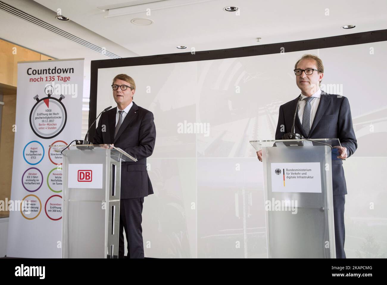 German Transport Minister Alexander Dobrindt (R) and Deutsche Bahn (DB, German Railways) Infrastructure Manager Ronald Pofalla (L) are pictured during a news conference regarding the future opening of the high speed connection Berlin - Munich at the DB headquarters in Berlin, Germany on July 28, 2017. (Photo by Emmanuele Contini/NurPhoto) *** Please Use Credit from Credit Field *** Stock Photo