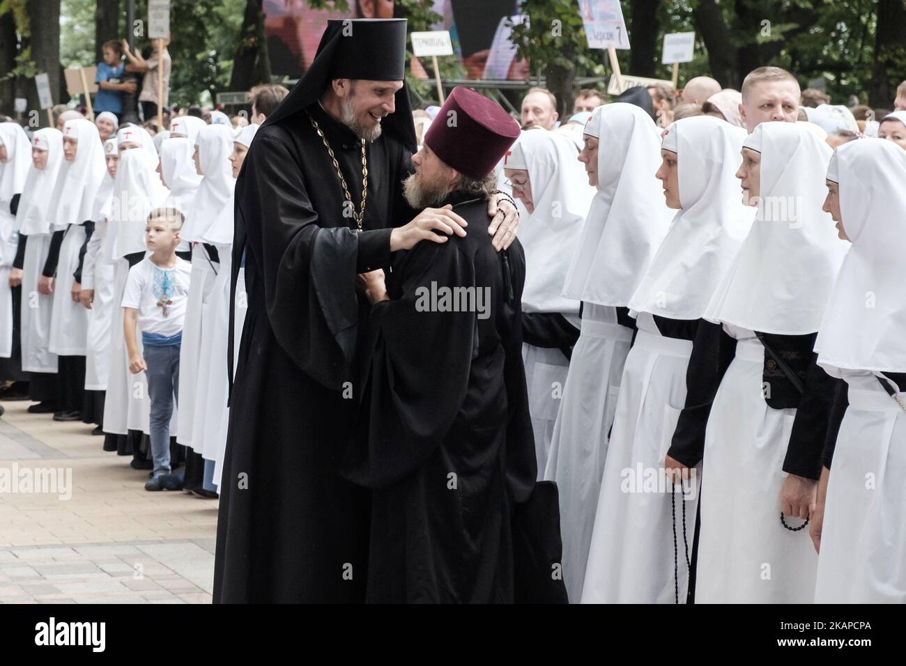 Priests of the Ukrainian Orthodox Church of the Moscow Patriarchate during a procession marking the Christianisation of the country, which was known as Kievan Rus at the time, by its grand prince Vladimir I (Vladimir the Great) in 988AD, in Kyiv, Ukraine July 27, 2017. (Photo by Maxym Marusenko/NurPhoto) *** Please Use Credit from Credit Field *** Stock Photo