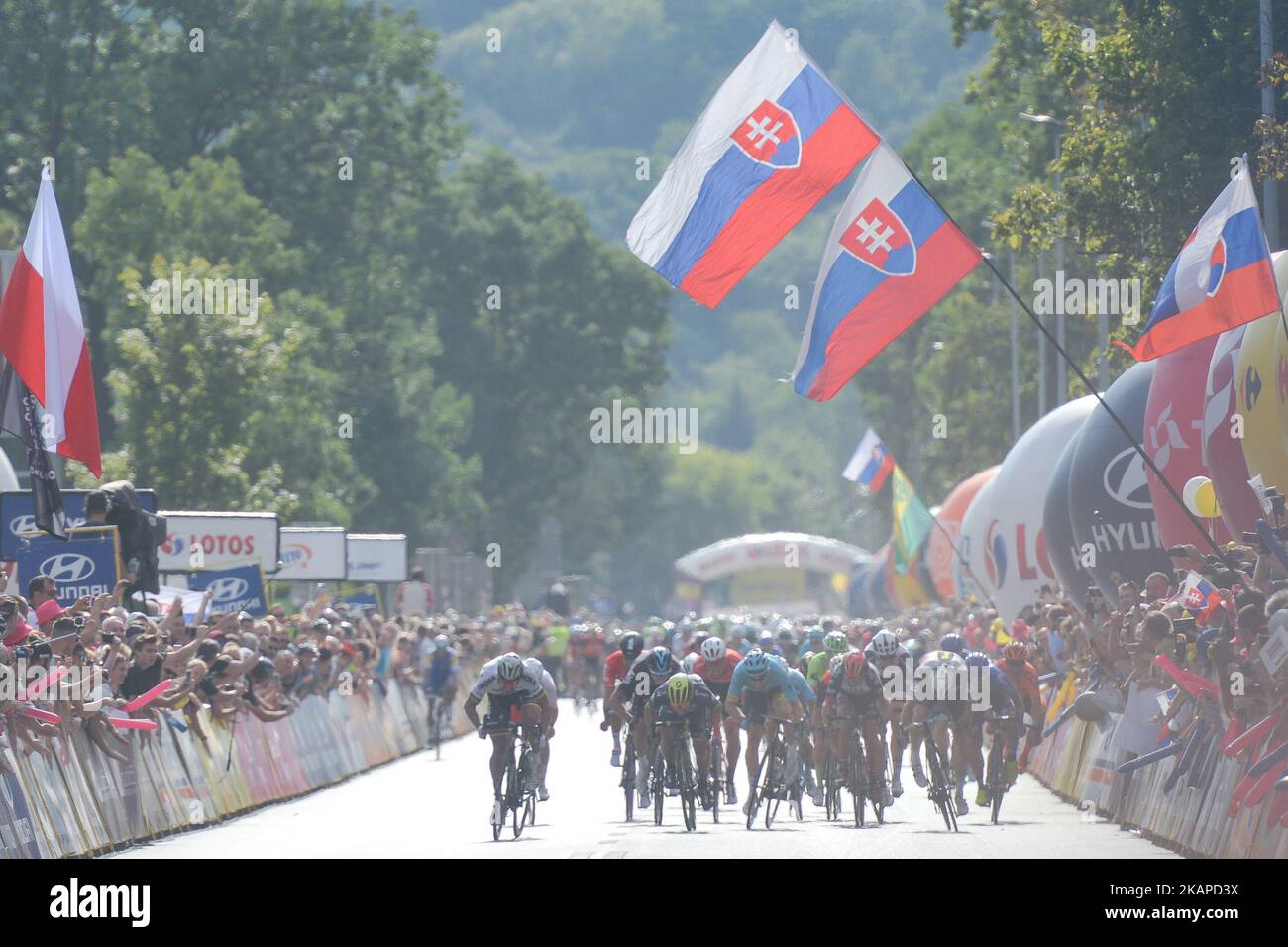 Peter Sagan (Left) from Bora-Hansgrohe team sprints to win the opening stage, a 130km with start and finish in Krakow, during the 74th edition of Tour of Poland 2017. On Saturday, July 29, 2017, in Krakow, Poland. Photo by Artur Widak *** Please Use Credit from Credit Field ***  Stock Photo