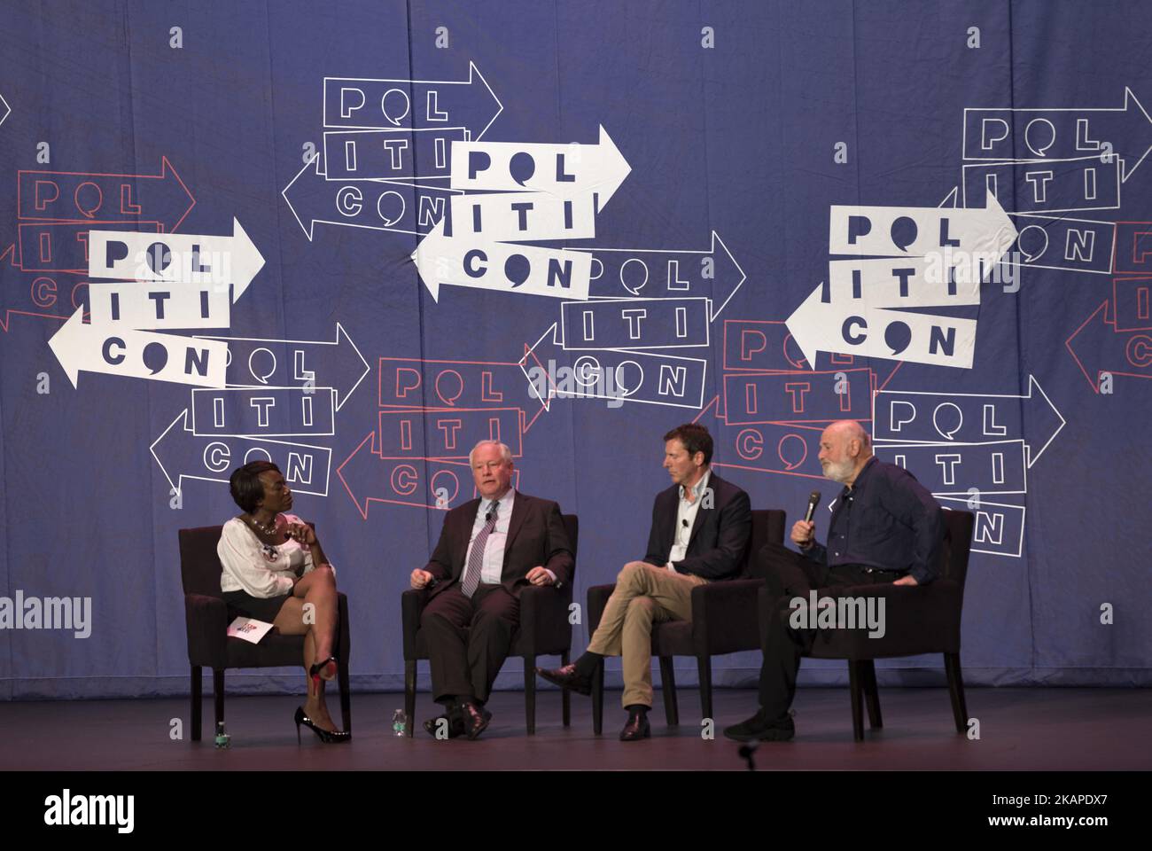 (L-R) Joy-Ann Reid, Bill Kristol, Mark Updegrove, Rob Reiner during the the LBJ panel at Politicon at the Pasadena Convention Center in Pasadena, California on July 29, 2017. Politicon is a bipartisan convention that mixes politics, comedy and entertainment. (Photo by Ronen Tivony/NurPhoto) *** Please Use Credit from Credit Field *** Stock Photo