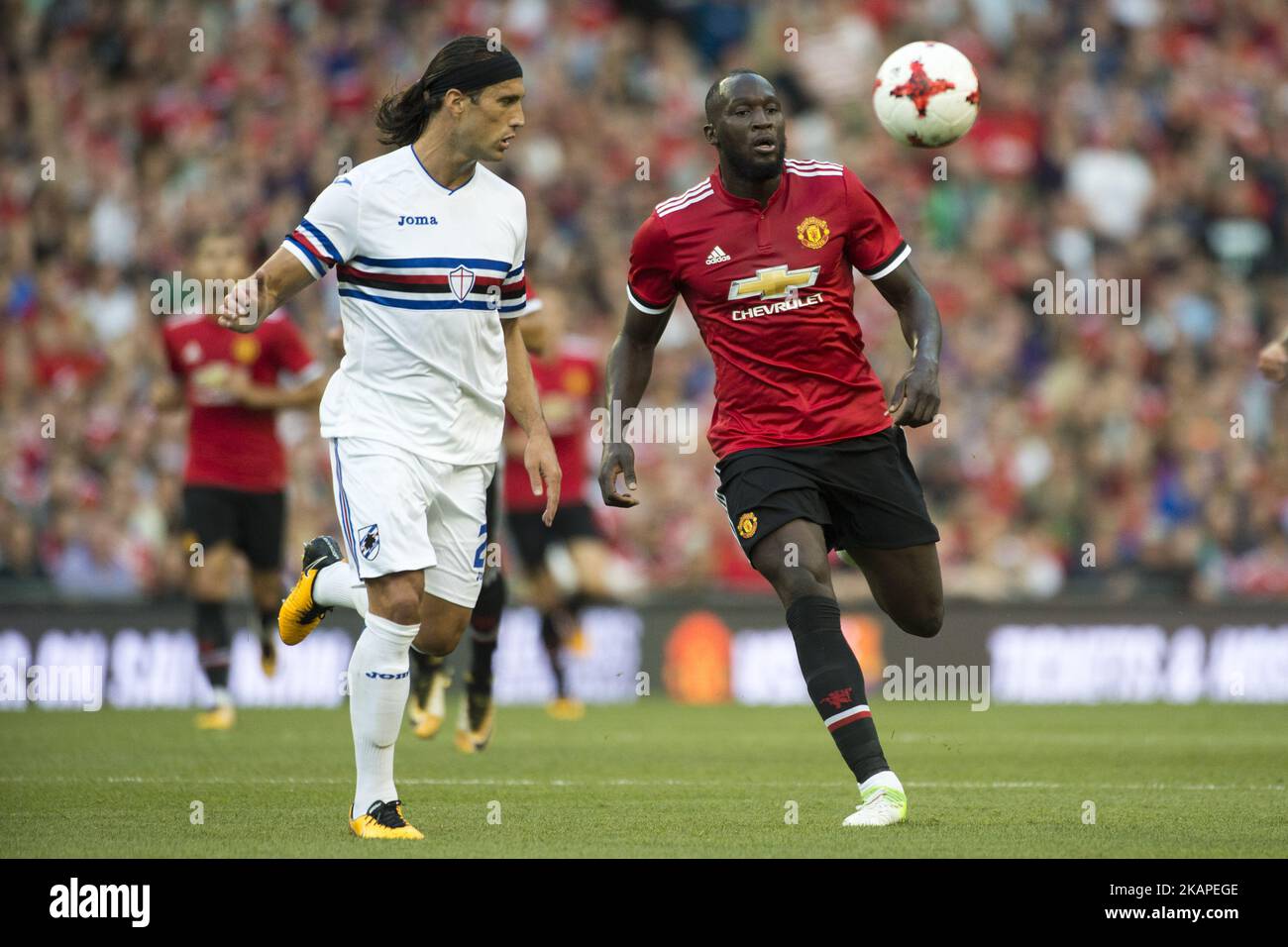Romelu Lukaku of Man Utd and Matias Silvestre of Smpdoria during the Pre-Season Friendly match between Manchester United and Sampdoria at Aviva Stadium in Dublin, Ireland on August 2, 2017 (Photo by Andrew Surma/NurPhoto) *** Please Use Credit from Credit Field *** Stock Photo