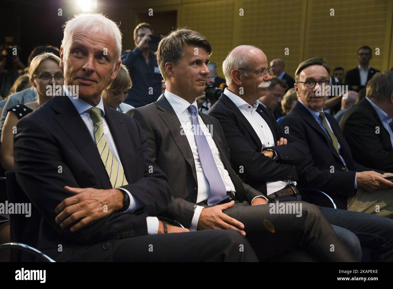 (L-R) CEOs of Volkswagen Matthias Mueller, BMW Harald Krueger, Daimler AG Dieter Zetsche and President of German Automobile Industry Union (VDA) Matthias Wissmann are pictured during a news conference after the Diesel-Summit at the Ministry for Transportation and Digital Infrastructure in Berlin, Germany on August 2, 2017. (Photo by Emmanuele Contini/NurPhoto) *** Please Use Credit from Credit Field *** Stock Photo