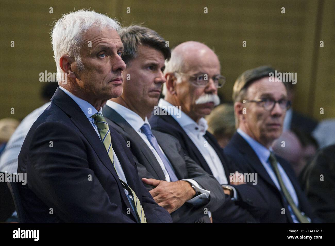 (L-R) CEOs of Volkswagen Matthias Mueller, BMW Harald Krueger, Daimler AG Dieter Zetsche and President of German Automobile Industry Union (VDA) Matthias Wissmann are pictured during a news conference after the Diesel-Summit at the Ministry for Transportation and Digital Infrastructure in Berlin, Germany on August 2, 2017. (Photo by Emmanuele Contini/NurPhoto) *** Please Use Credit from Credit Field *** Stock Photo