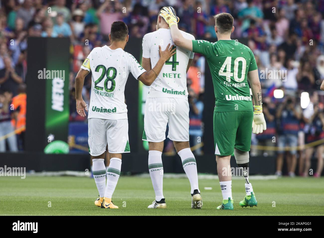Follmann, Ruschel and Neto the Chapecoense tragedy survivors during the Joan Gamper Trophy match between FC Barcelona vs Chapecoense at Camp Nou Stadium on August 7, 2017 in Barcelona, Spain. (Photo by Xavier Bonilla/NurPhoto) *** Please Use Credit from Credit Field *** Stock Photo