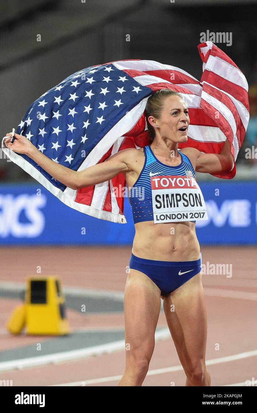 Jennifer Simpson, USA, celebrating after 1500 meter final in London, UK on August 7, 2017 at the 2017 IAAF World Championships athletics. (Photo by Ulrik Pedersen/NurPhoto) *** Please Use Credit from Credit Field *** Stock Photo
