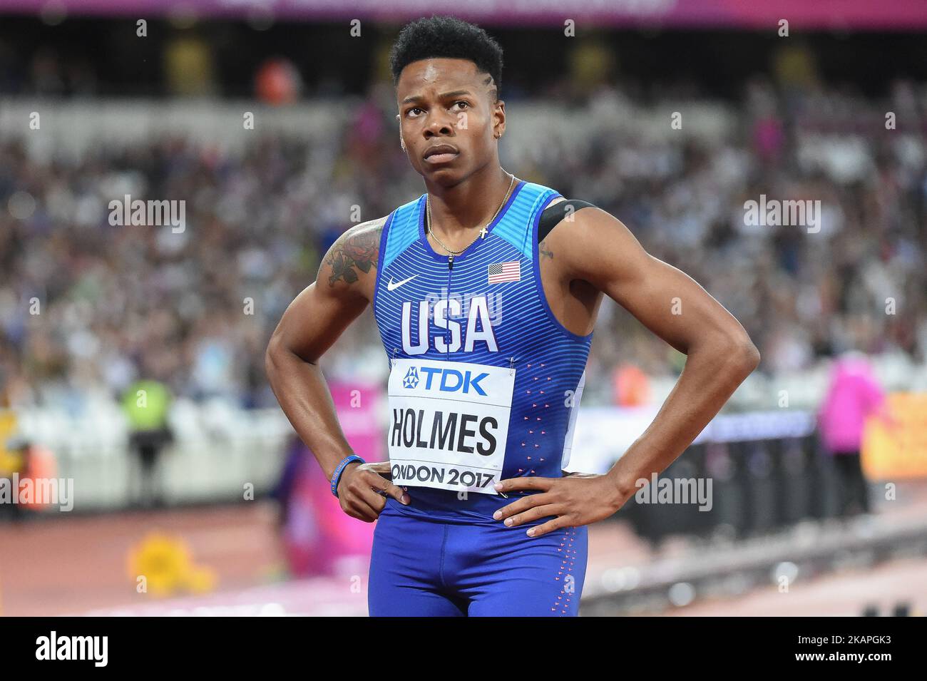 TJ HOLMES, USA during 400 meter hurdle heats in London, UK on August 7, 2017 at the 2017 IAAF World Championships athletics. (Photo by Ulrik Pedersen/NurPhoto) *** Please Use Credit from Credit Field *** Stock Photo