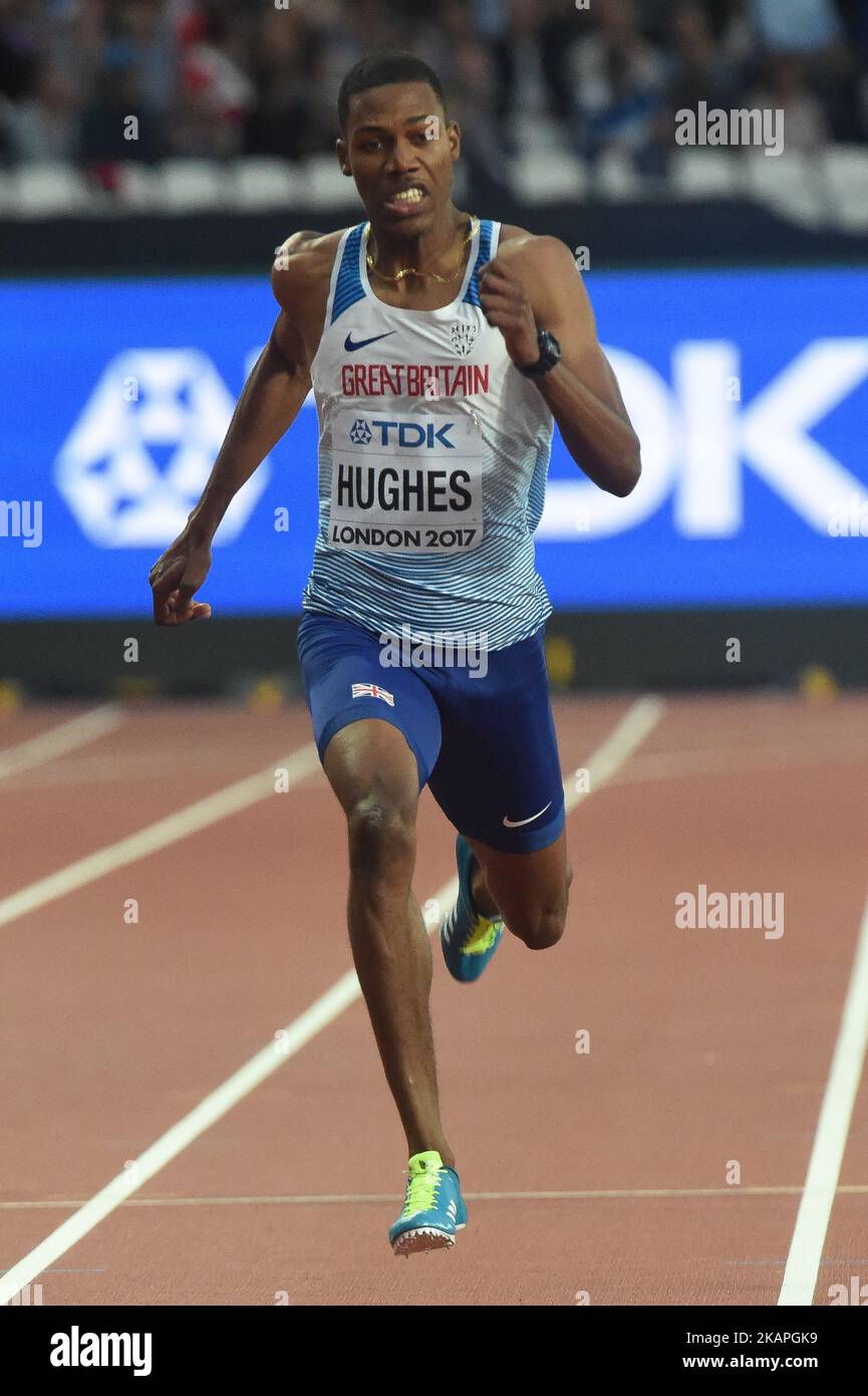 Zharnel HUGHES, Great Britain, during 200 meter heats in London, UK on August 7, 2017 at the 2017 IAAF World Championships athletics. (Photo by Ulrik Pedersen/NurPhoto) *** Please Use Credit from Credit Field *** Stock Photo