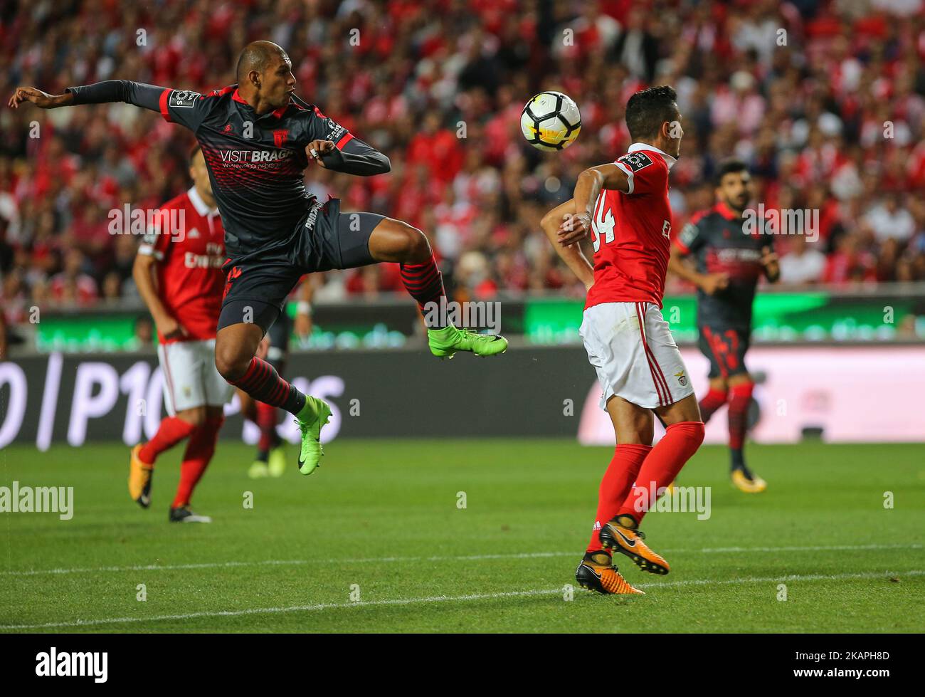 Bragas defender Raul Silva from Brazil (L) and Benficas defender Andre Almeida from Portugal (R) during the Premier League 2017/18 match between SL Benfica v SC Braga, at Luz Stadium in Lisbon on August 9, 2017. (Photo by Bruno Barros / DPI / NurPhoto) *** Please Use Credit from Credit Field *** Stock Photo
