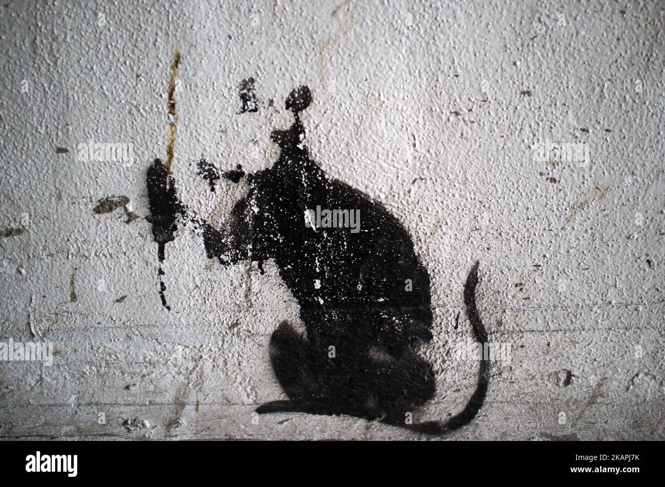 British iconic artist Banky's 'Rats' are seen across Central London, UK on August 12, 2017. Banksy is an anonymous England-based graffiti artist, political activist and film director of unverified identity. Their satirical street art and subversive epigrams combine dark humor with graffiti executed in a distinctive stenciling technique. Banksy's works of political and social commentary have been featured on streets, walls, and bridges of cities throughout the world. (Photo by Alberto Pezzali/NurPhoto) *** Please Use Credit from Credit Field *** Stock Photo