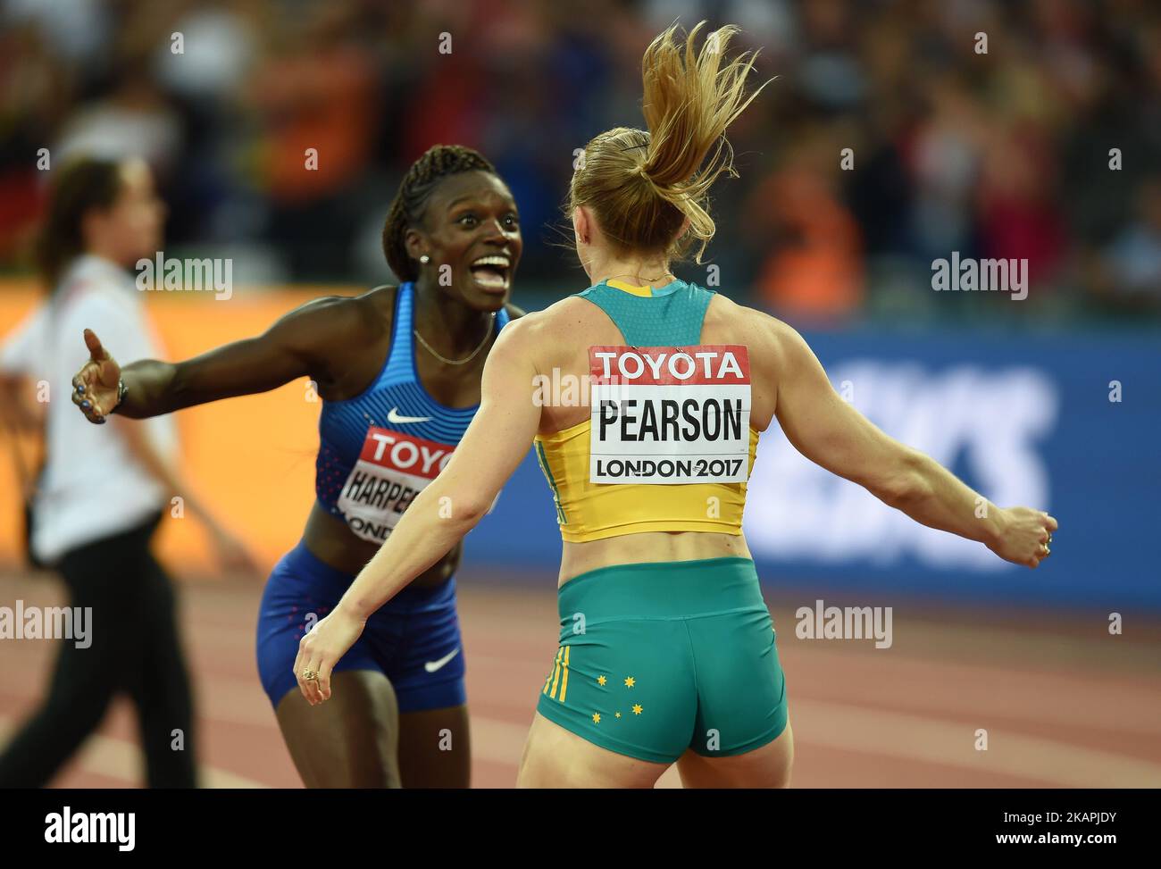 Sally Pearson of Australia, and Dawn Harper Nelsonof USA, celebrating ...