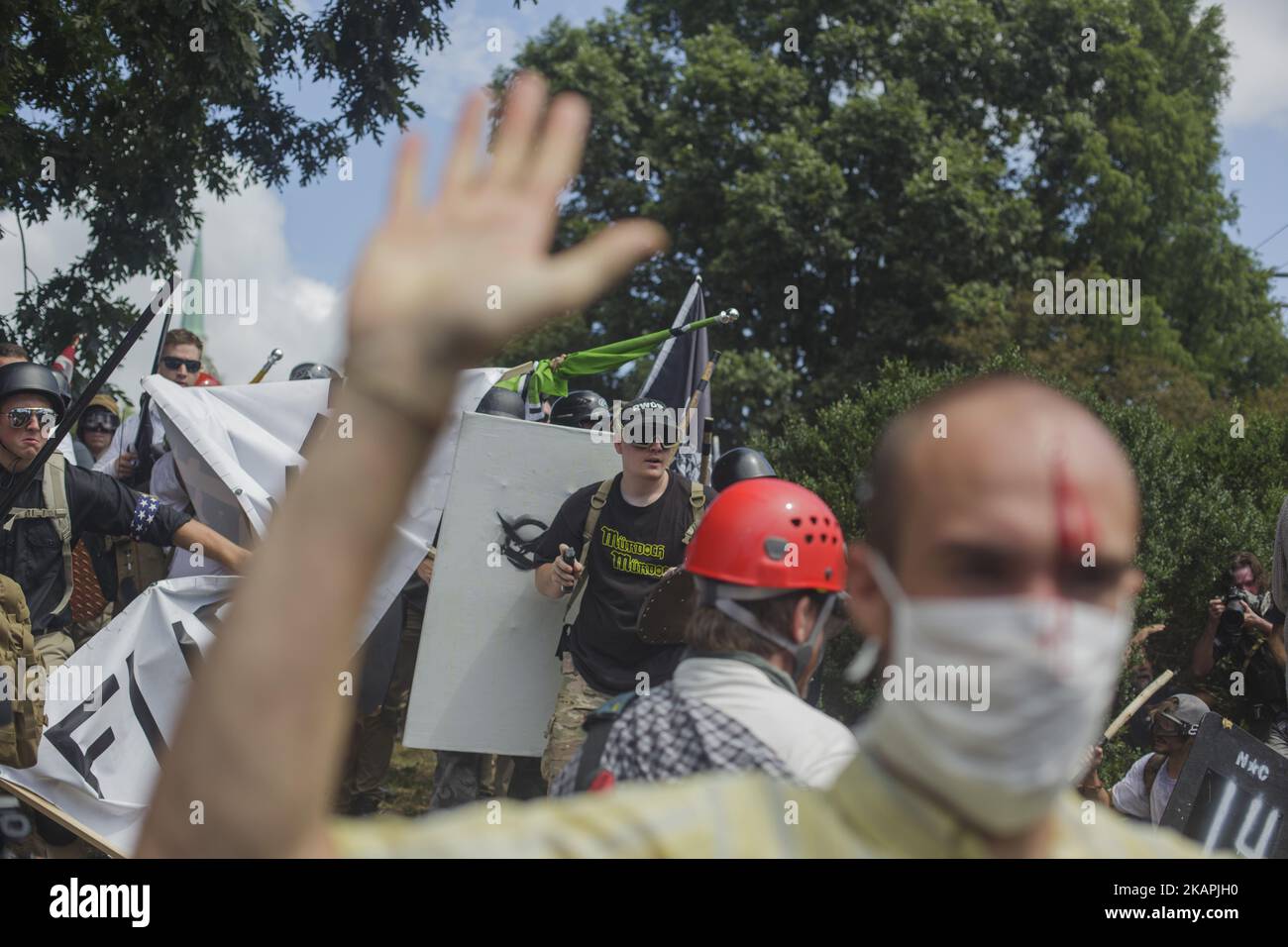 Dozens of protesters on both sides left the scene bloodied by the brawls on August 12, 2017 in Charlottesville, Virginia, USA. The White Supremacists/Alt Right supporters were forcibly removed by police. (Photo by Shay Horse/NurPhoto) *** Please Use Credit from Credit Field *** Stock Photo