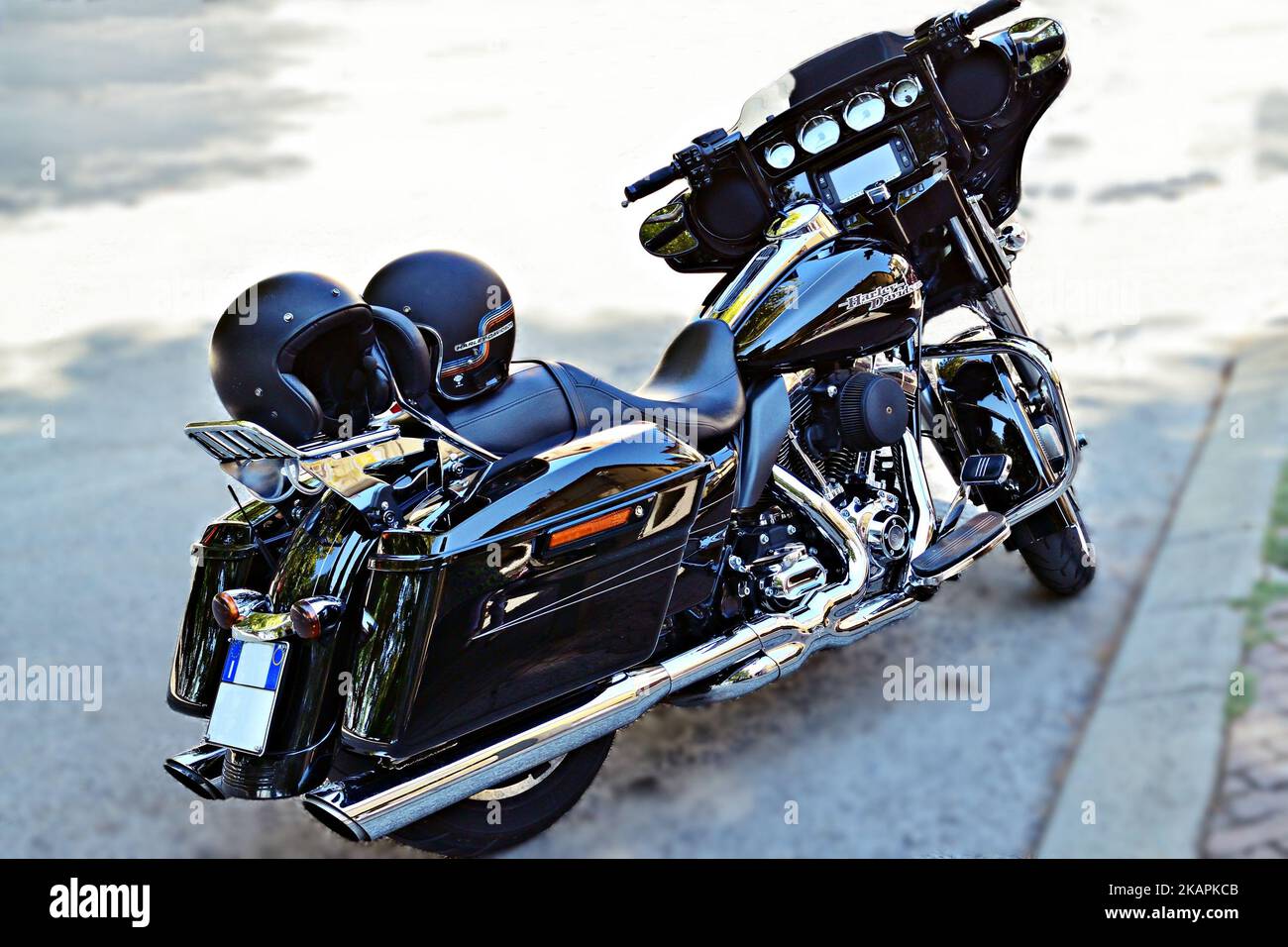 black Harley Davidson motorcycle on the street Stock Photo Alamy