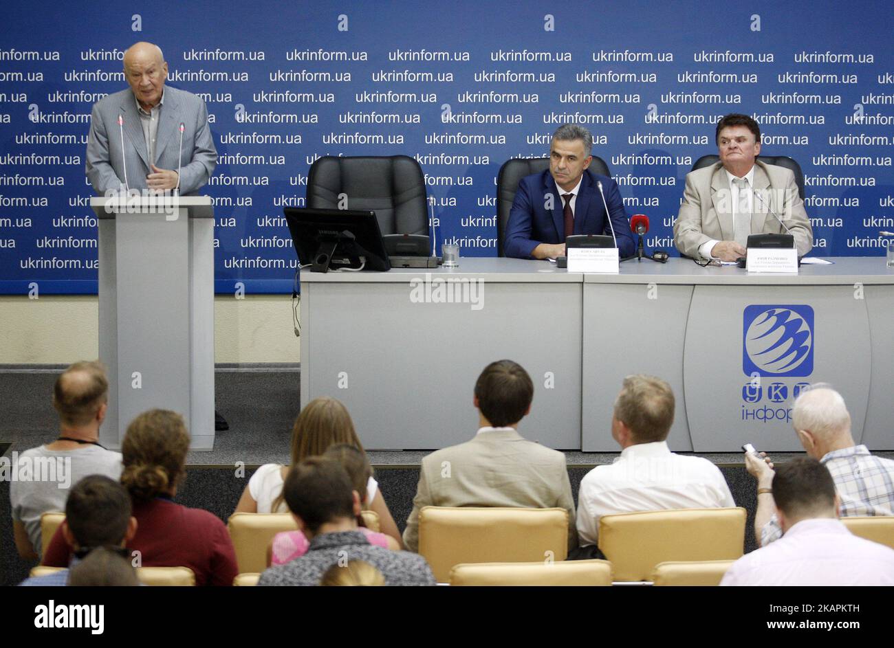 Former director-general of the State Space Agency of Ukraine, the Head of the National Institute for Strategic Studies and counsellor of Ukrainian President Volodymyr Gorbulin, Acting Head of the State Export Control Service of Ukraine Igor Savula and Head of the State Space Agency of Ukraine Yuri Radchenko (L-R) speak to journalists during a press conference in Kiev, Ukraine, August 15, 2017. Ukraine's space agency said today that an engine type reportedly used in North Korean missiles was made at a Ukrainian factory, but solely for use in space rockets supplied to Russia. (Photo by STR/NurPh Stock Photo