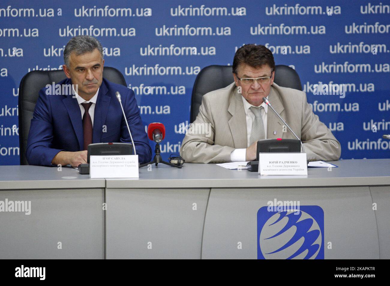 Head of the State Space Agency of Ukraine Yuri Radchenko (R) and Acting Head of the State Export Control Service of Ukraine Igor Savula, speaks to journalists during a press coference in Kiev, Ukraine on August 15, 2017. Ukraine's space agency said today that an engine type reportedly used in North Korean missiles was made at a Ukrainian factory, but solely for use in space rockets supplied to Russia.(Photo by STR/NurPhoto) Stock Photo