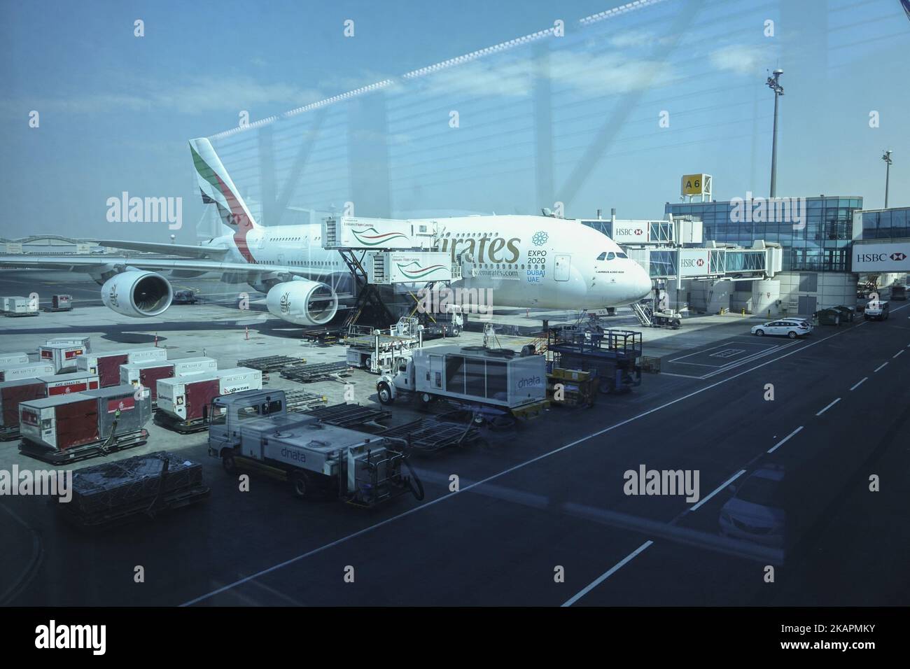 A picture taken on August 21, 2017 in the airport of Dunbai, UAE. Dubai International Airport, the largest airport in space in the world and busiest airport by international passenger traffic. It is also the 3rd busiest airport in the world by total passenger traffic. About 84.000.000 million passengers passed in 2016 from DXB. Emirates and Fludubai are the primary users of the airport, connecting Middle East to all over the world. Also FedEx Express and Qantas uses the airport as a hub. (Photo by Nicolas Economou/NurPhoto) Stock Photo
