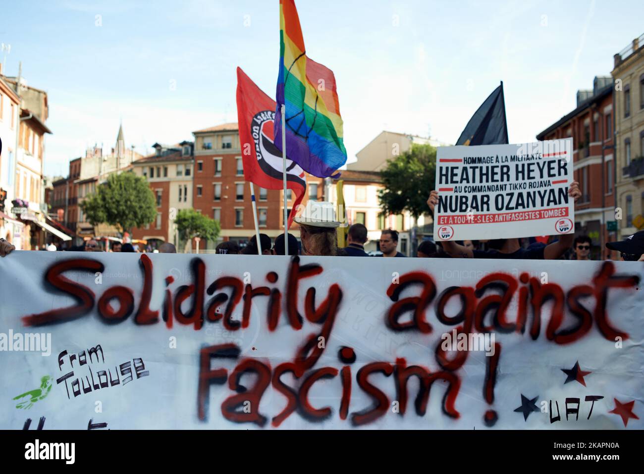 People gathered In Toulouse in solidarity with anti-fascists in Charlottesville after the killing of Heather Heyer by a white supremacist. On August 19th 2017 in Toulouse, France. (Photo by Alain Pitton/NurPhoto) Stock Photo