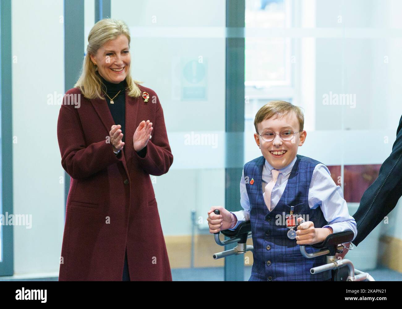 The youngest-ever honours recipient, fundraiser 'Captain' Tobias Weller, 11, is presented with his British Empire Medal (BEM) by the Countess of Wessex (left) at his school in Sheffield. Picture date: Thursday November 3, 2022. Stock Photo