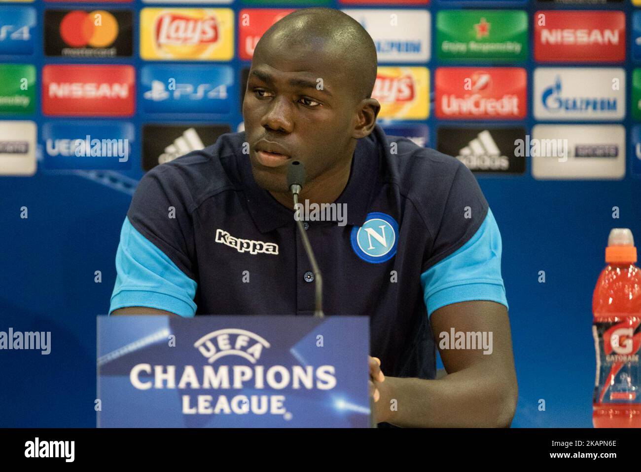 Napoli's French defender Kalidou Koulibaly holds a press conference on August 21, 2017, at the Allianz Riviera stadium in Nice, southeastern France, on the eve of the UEFA Champions League play-off football match between Nice and Napoli. (Photo by Paolo Manzo/NurPhoto) Stock Photo