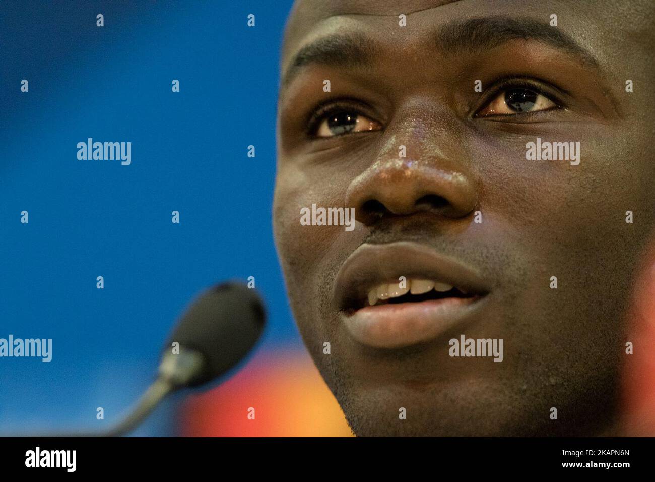 Napoli's French defender Kalidou Koulibaly holds a press conference on August 21, 2017, at the Allianz Riviera stadium in Nice, southeastern France, on the eve of the UEFA Champions League play-off football match between Nice and Napoli. (Photo by Paolo Manzo/NurPhoto) Stock Photo