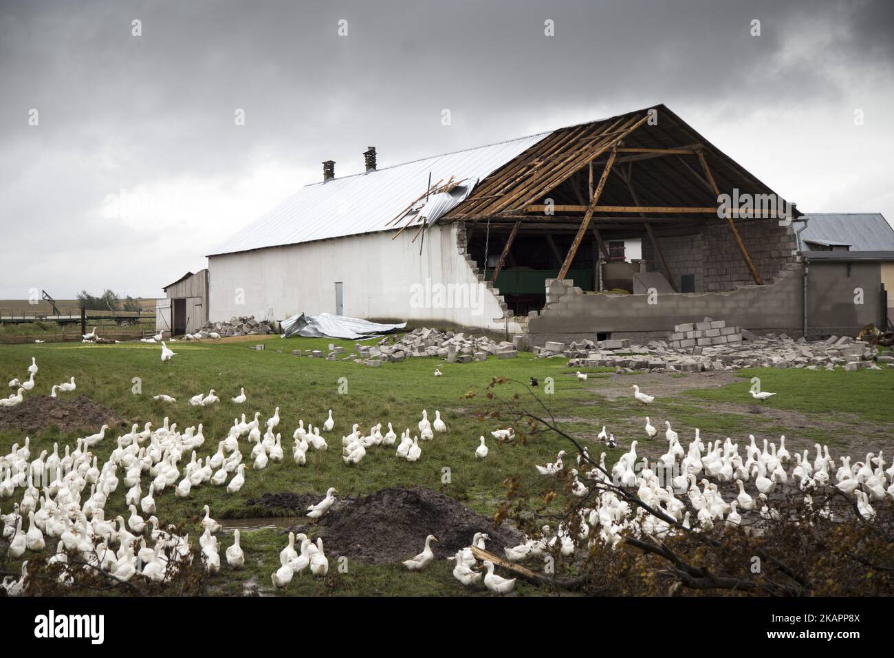 Destroyed barn in Toninek on August 23, 2017. (Photo by Maciej Luczniewski/NurPhoto) Stock Photo