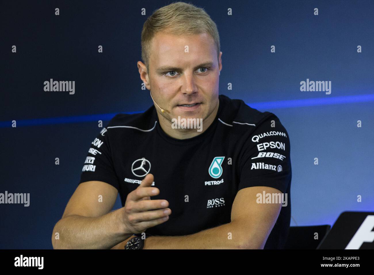 77 BOTTAS Valtteri from Finland of team Mercedes GP in the FIA official press conference during the Formula One Belgian Grand Prix at Circuit de Spa-Francorchamps on August 24, 2017 in Spa, Belgium. (Photo by Xavier Bonilla/NurPhoto) Stock Photo
