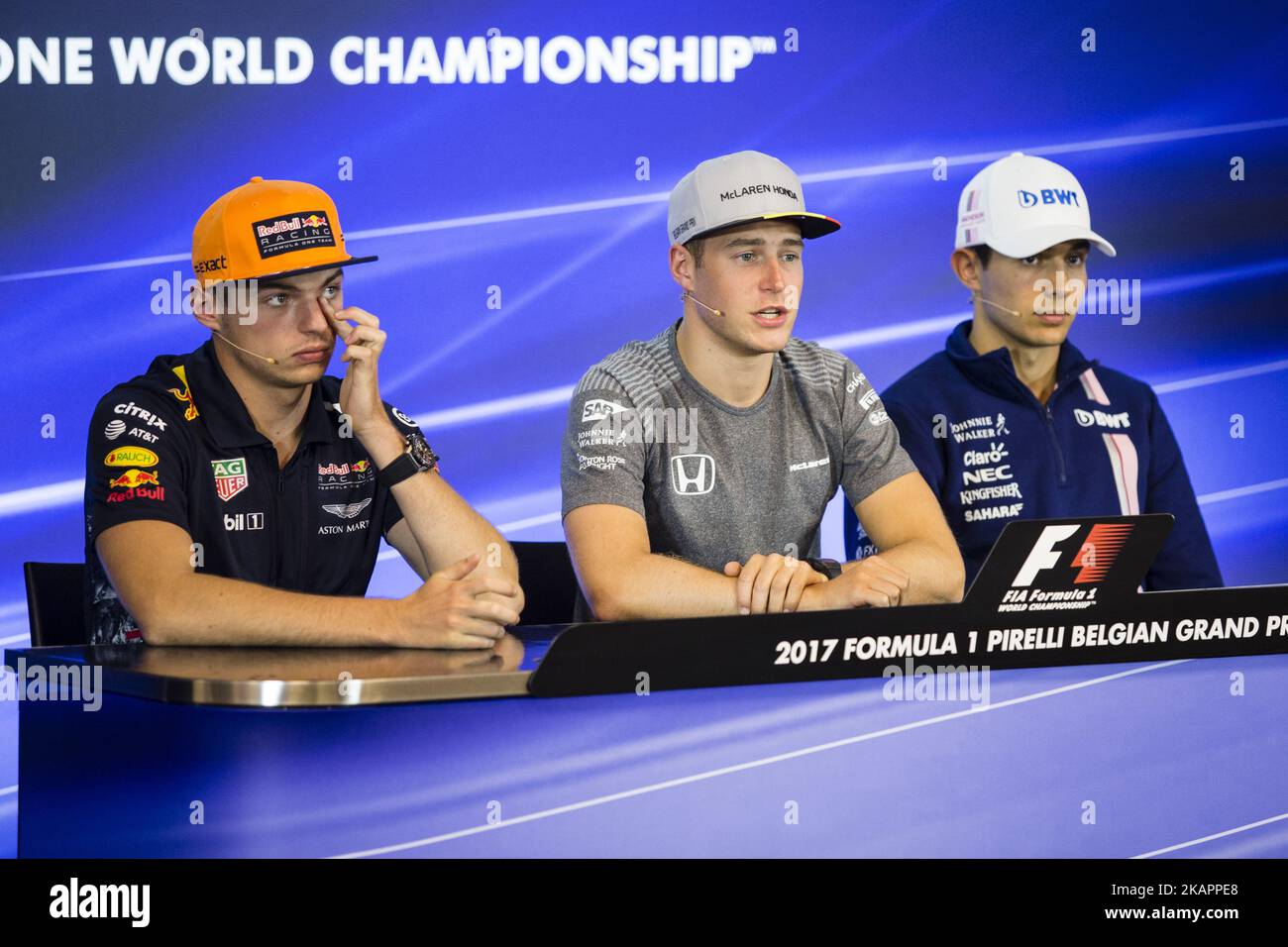 33 VERSTAPPEN Max from Nederlans of Red Bull Tag Heuer, 02 VANDOORNE Stoffel from Belgium of McLaren Honda and 31 OCON Esteban from France Force India during the official press conference during the Formula One Belgian Grand Prix at Circuit de Spa-Francorchamps on August 24, 2017 in Spa, Belgium. (Photo by Xavier Bonilla/NurPhoto) Stock Photo