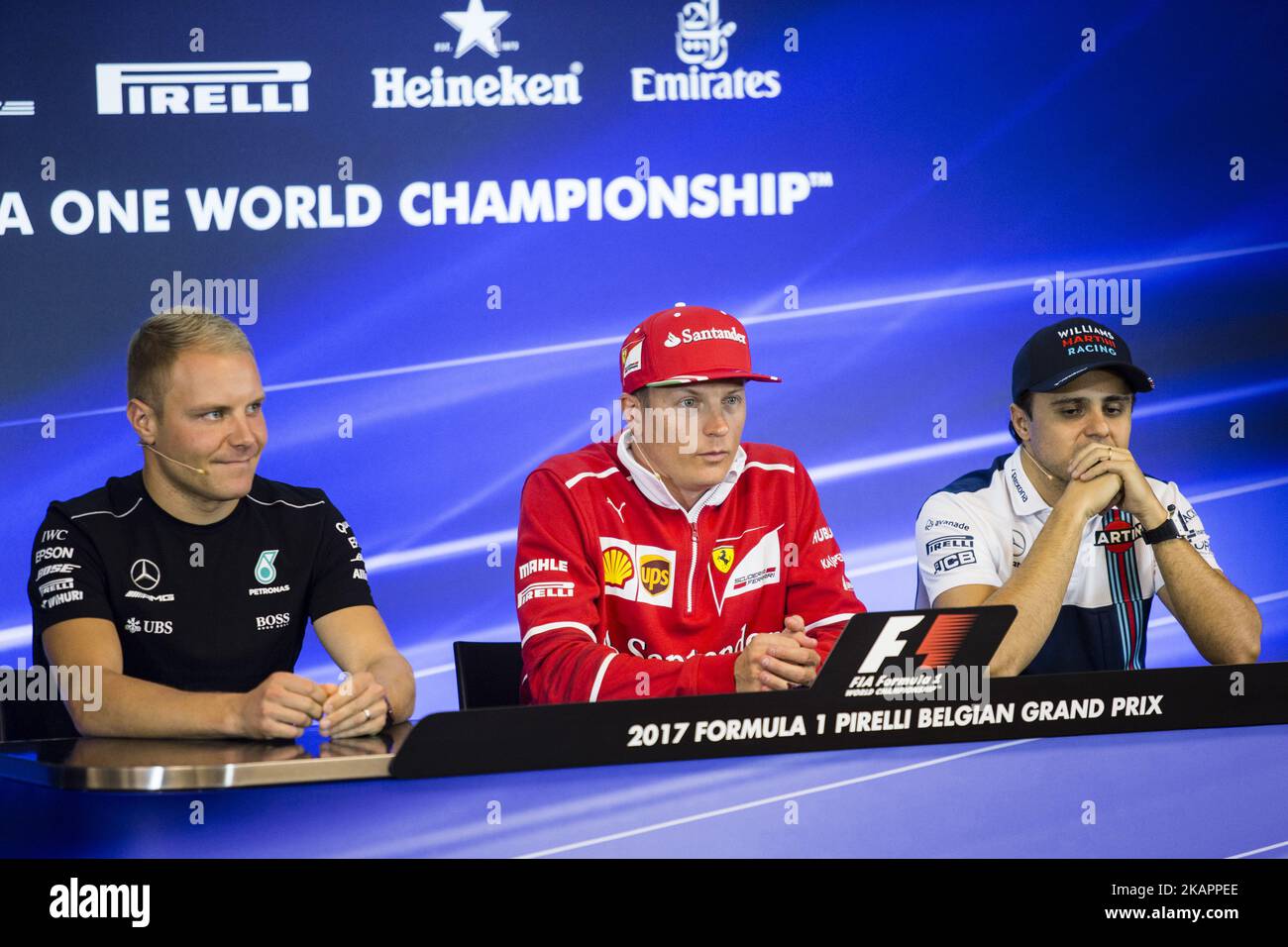 77 BOTTAS Valtteri from Finland of team Mercedes GP, 07 RAIKKONEN Kimi from Finland of scuderia Ferrari and 19 MASSA Felipe from Brasil of Williams F1 during the official FIA press conference during the Formula One Belgian Grand Prix at Circuit de Spa-Francorchamps on August 24, 2017 in Spa, Belgium. (Photo by Xavier Bonilla/NurPhoto) Stock Photo