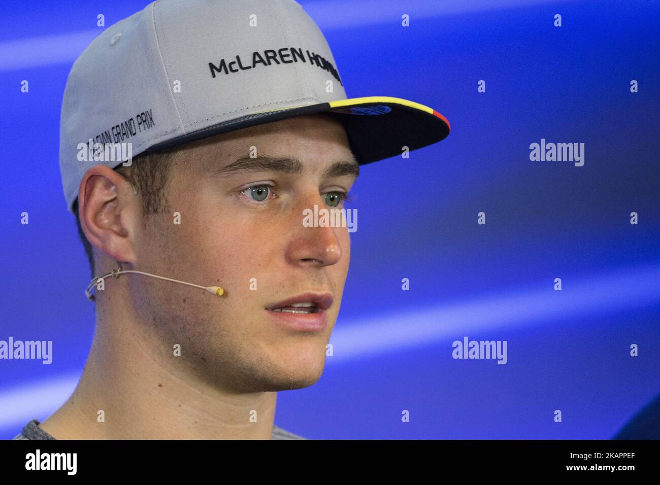 02 VANDOORNE Stoffel from Belgium of McLaren Honda in the FIA official press conference during the Formula One Belgian Grand Prix at Circuit de Spa-Francorchamps on August 24, 2017 in Spa, Belgium. (Photo by Xavier Bonilla/NurPhoto) Stock Photo