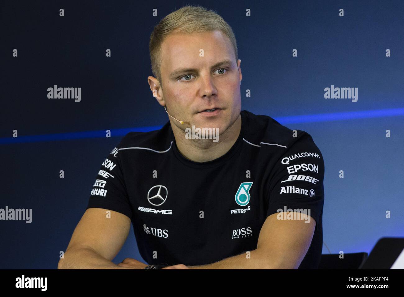 77 BOTTAS Valtteri from Finland of team Mercedes GP in the FIA official press conference during the Formula One Belgian Grand Prix at Circuit de Spa-Francorchamps on August 24, 2017 in Spa, Belgium. (Photo by Xavier Bonilla/NurPhoto) Stock Photo