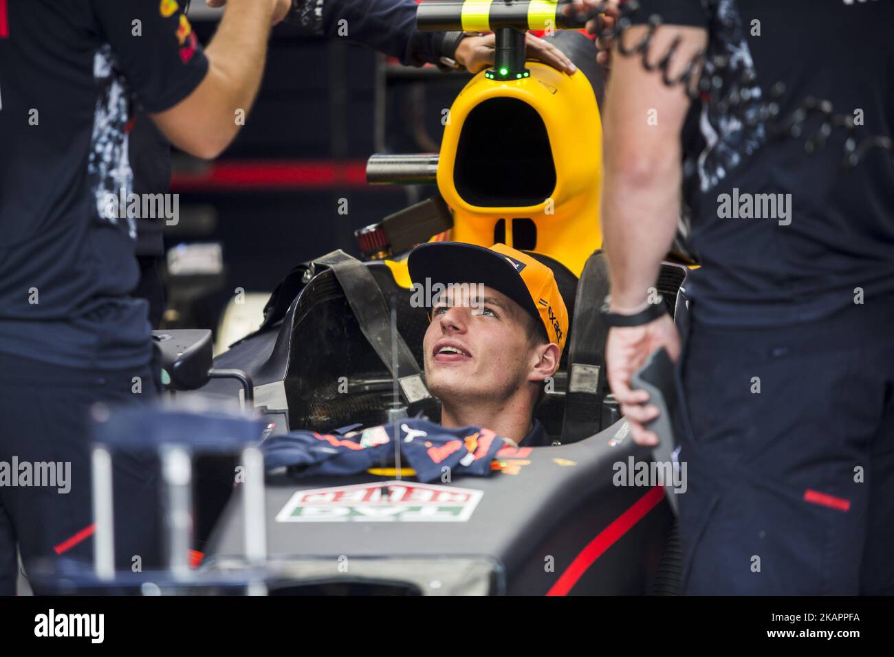 33 VERSTAPPEN Max from Nederlans of Red Bull Tag Heuer inside his car talking to his mechanics during the Formula One Belgian Grand Prix at Circuit de Spa-Francorchamps on August 24, 2017 in Spa, Belgium. (Photo by Xavier Bonilla/NurPhoto) Stock Photo