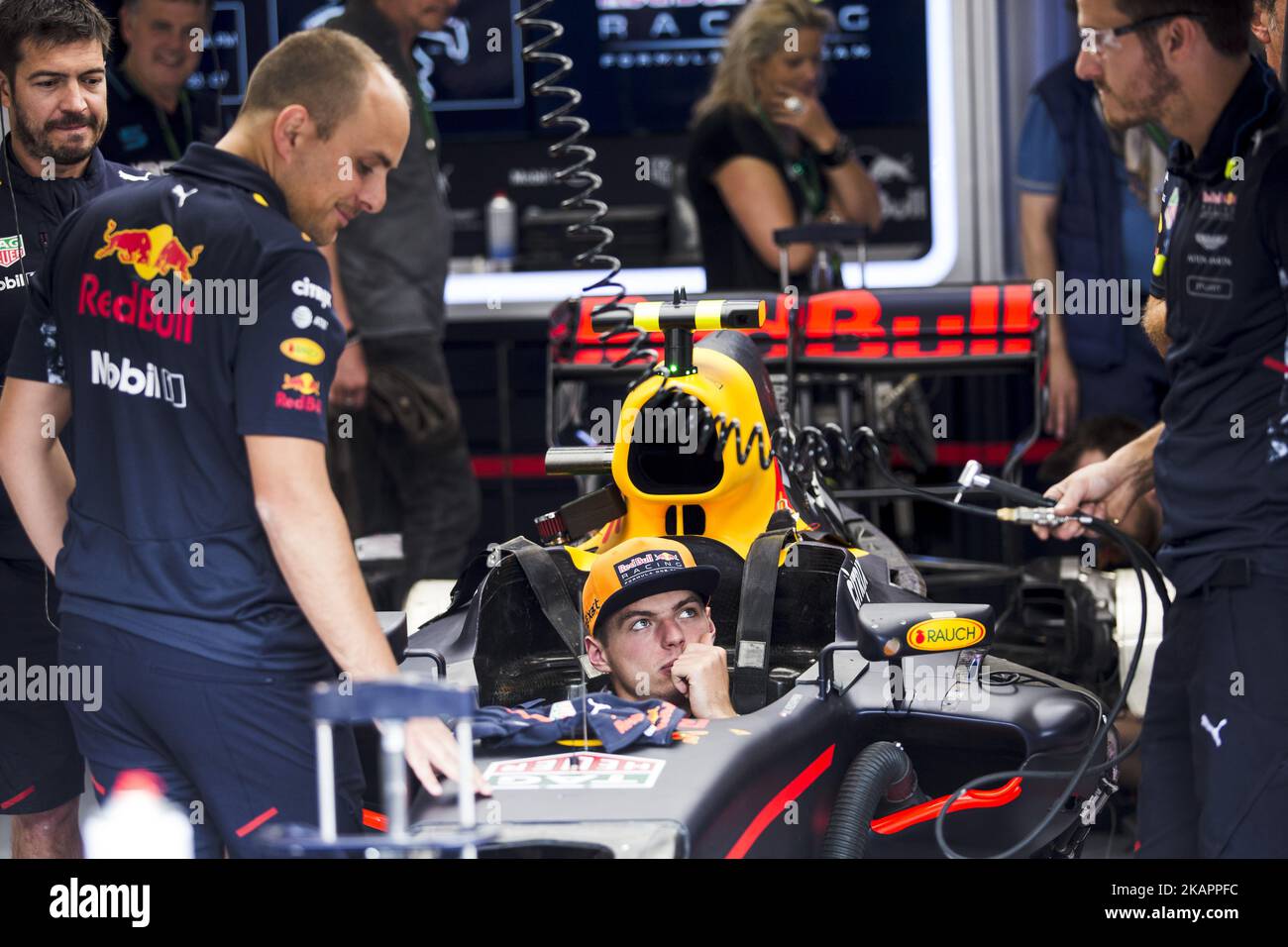 33 VERSTAPPEN Max from Nederlans of Red Bull Tag Heuer inside his car talking to his mechanics during the Formula One Belgian Grand Prix at Circuit de Spa-Francorchamps on August 24, 2017 in Spa, Belgium. (Photo by Xavier Bonilla/NurPhoto) Stock Photo