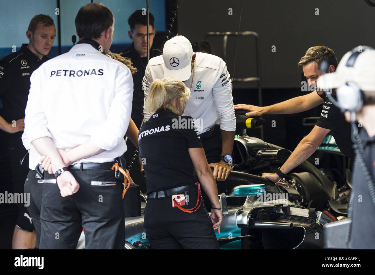 44 HAMILTON Lewis from Great Britain of team Mercedes GP testing how to get out the car with the Halo during the Formula One Belgian Grand Prix at Circuit de Spa-Francorchamps on August 24, 2017 in Spa, Belgium. (Photo by Xavier Bonilla/NurPhoto) Stock Photo