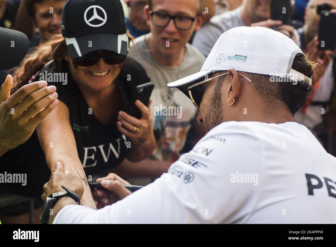 44 HAMILTON Lewis from Great Britain of team Mercedes GP signing autographs with his fans during the Formula One Belgian Grand Prix at Circuit de Spa-Francorchamps on August 24, 2017 in Spa, Belgium. (Photo by Xavier Bonilla/NurPhoto) Stock Photo