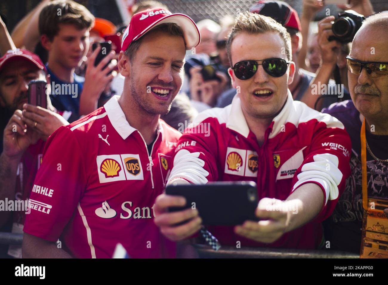 05 VETTEL Sebastian from Germany of scuderia Ferrari taking a selfie with a fan during the Formula One Belgian Grand Prix at Circuit de Spa-Francorchamps on August 24, 2017 in Spa, Belgium. (Photo by Xavier Bonilla/NurPhoto) Stock Photo