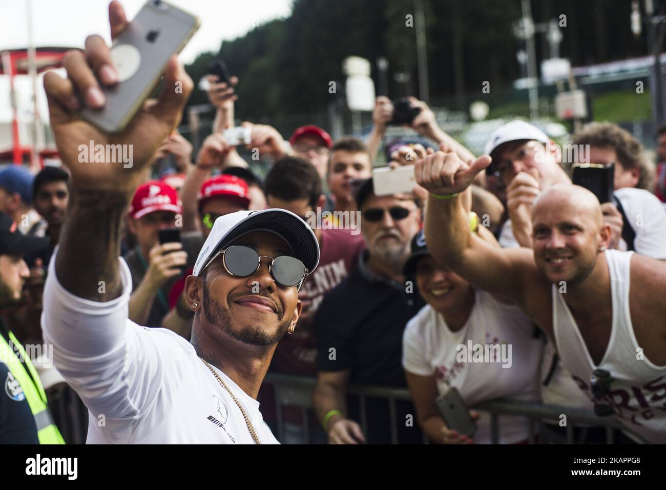 44 HAMILTON Lewis from Great Britain of team Mercedes GP taking a selfie with his fans during the Formula One Belgian Grand Prix at Circuit de Spa-Francorchamps on August 24, 2017 in Spa, Belgium. (Photo by Xavier Bonilla/NurPhoto) Stock Photo