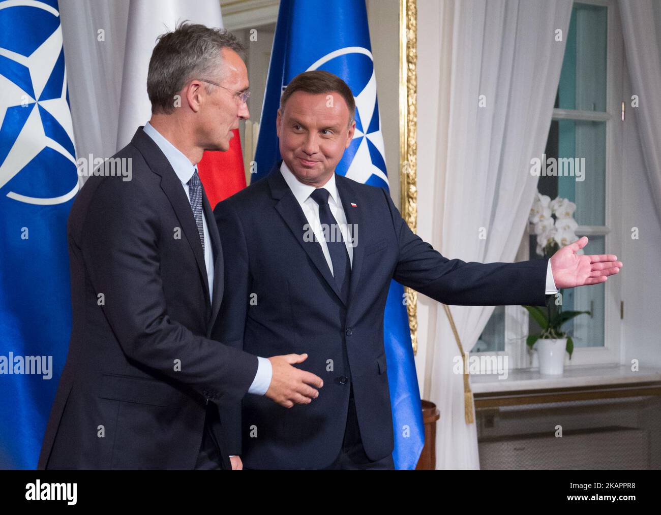 NATO Secretary General Jens Stoltenberg and President of Poland Andrzej Duda during a welcome ceremony before their meeting at Belweder Palace in Warsaw, Poland on 24 August 2017 (Photo by Mateusz Wlodarczyk/NurPhoto) Stock Photo