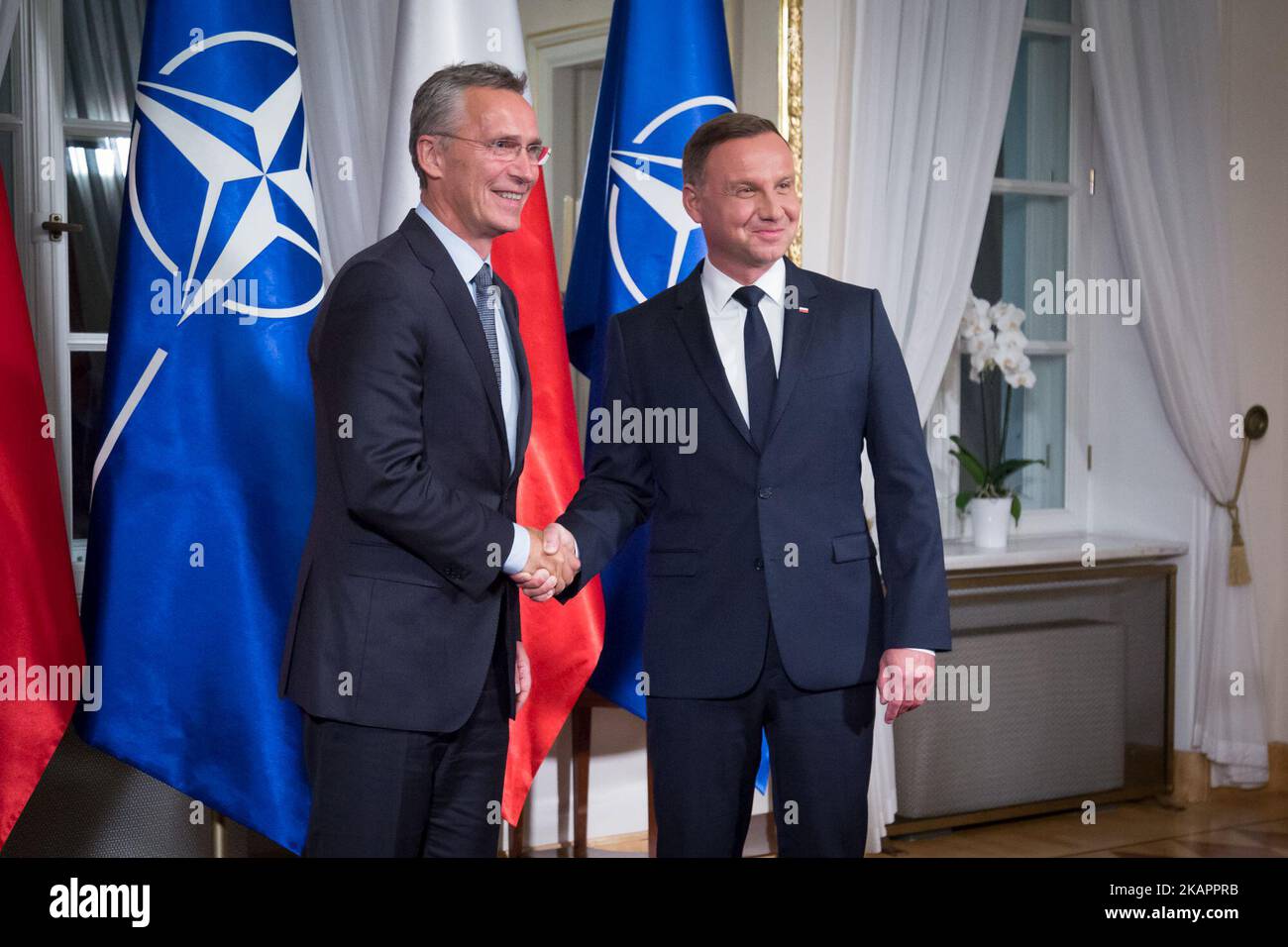 NATO Secretary General Jens Stoltenberg and President of Poland Andrzej Duda during a welcome ceremony before their meeting at Belweder Palace in Warsaw, Poland on 24 August 2017 (Photo by Mateusz Wlodarczyk/NurPhoto) Stock Photo