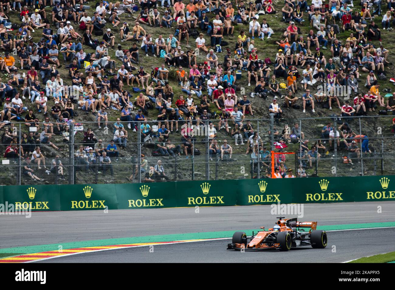 14 ALONSO Fernando from Spain from McLaren Honda in front of Belgium fans during the Formula One Belgian Grand Prix at Circuit de Spa-Francorchamps on August 25, 2017 in Spa, Belgium. (Photo by Xavier Bonilla/NurPhoto) Stock Photo