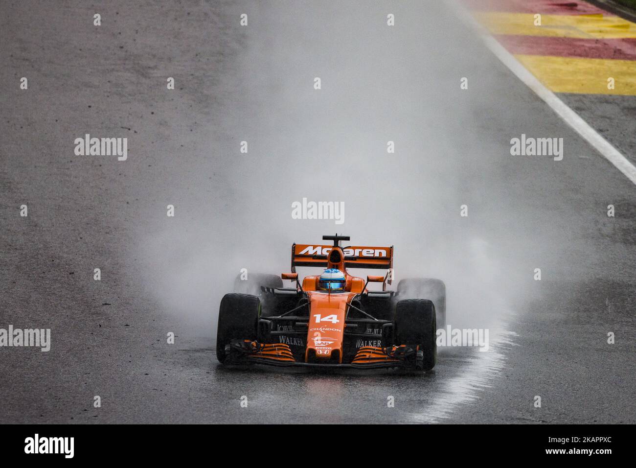 14 ALONSO Fernando from Spain from McLaren Honda with the extreme wet pirelli tyres, under heavy rain at the end of FP2 during the Formula One Belgian Grand Prix at Circuit de Spa-Francorchamps on August 25, 2017 in Spa, Belgium. (Photo by Xavier Bonilla/NurPhoto) Stock Photo